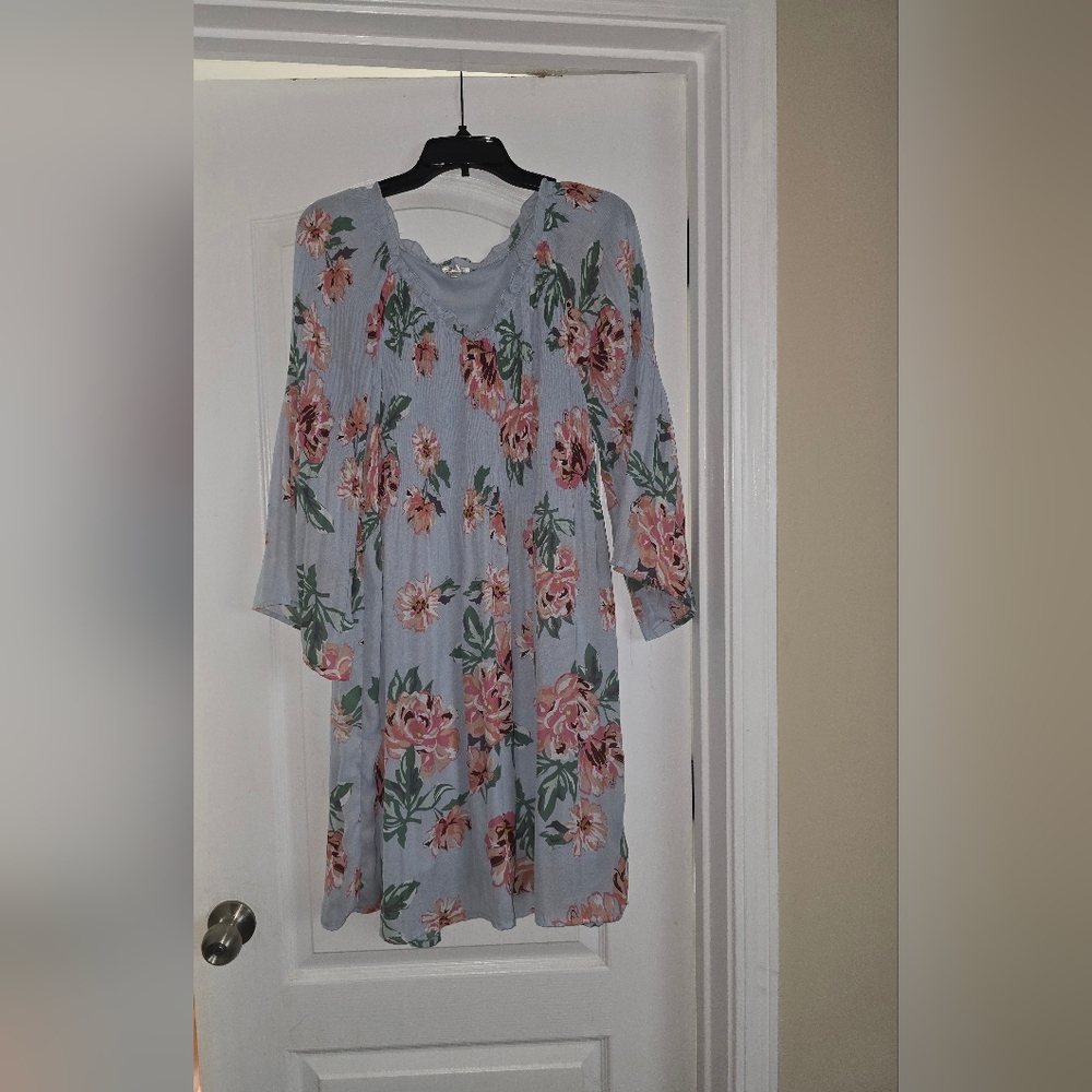 Spense Light Blue Floral Long-Sleeve Midi Dress